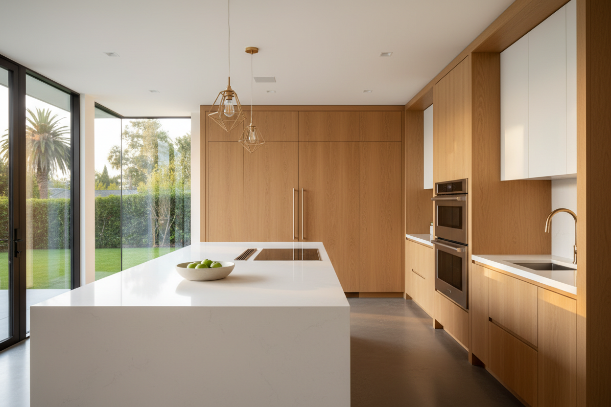 Upscale kitchen with integrated Thermador-style appliances